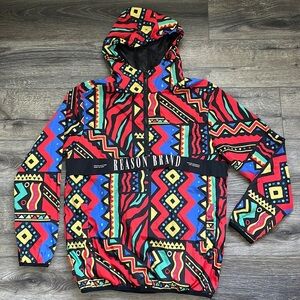 Reason the Label | Unity Red 1980s Maximalist Print Hooded Windbreaker 1/4 Zip